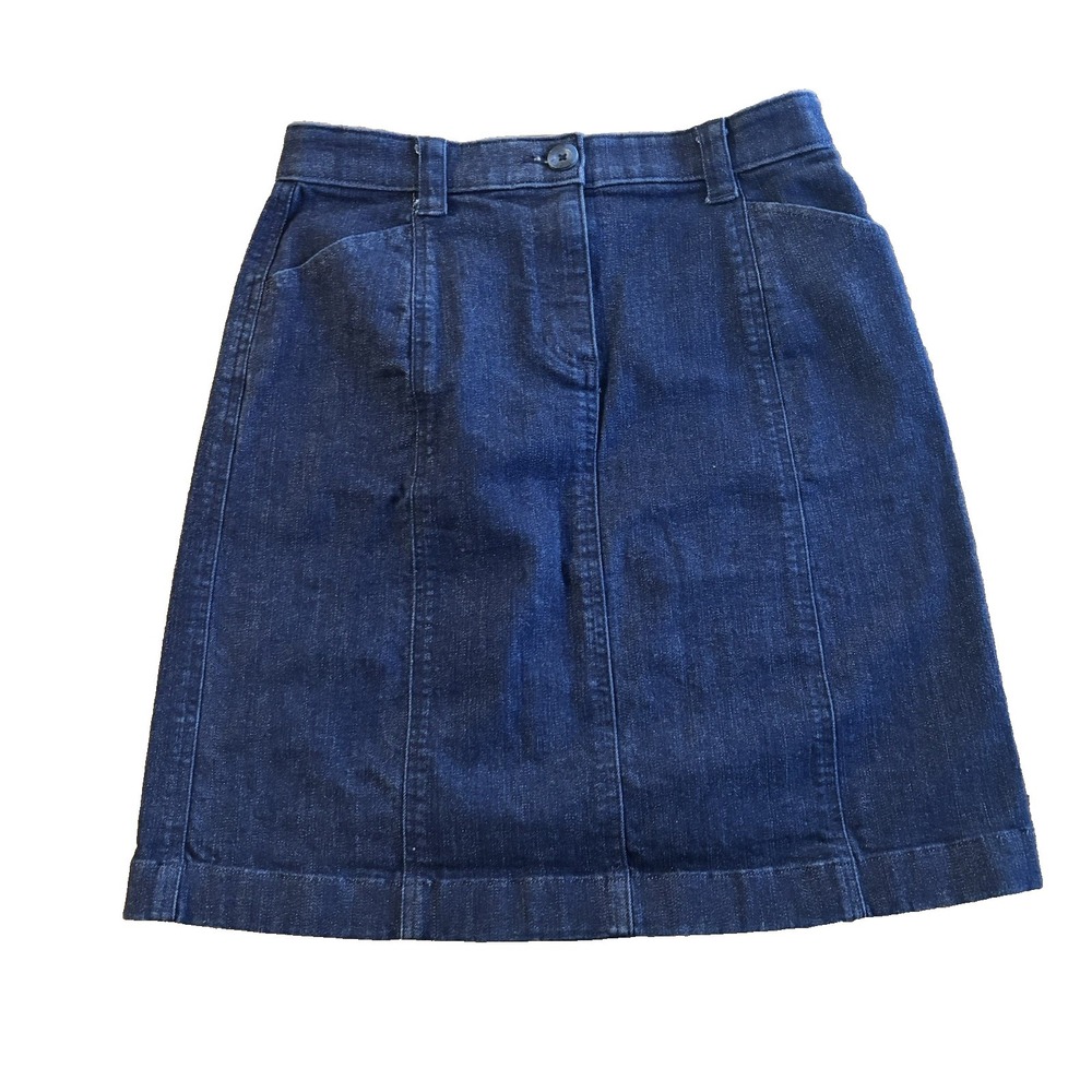 LL Bean Classic Fit Denim Skirt Womens 8 Petite Dark Wash Jean Stretch Pockets